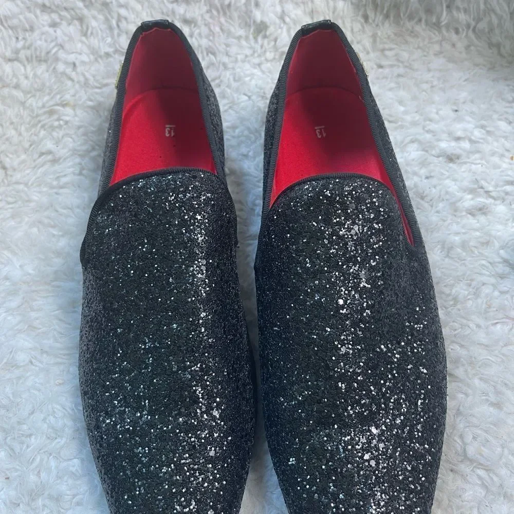 NWOT Black glitter synthetic leather Men’s slip on dress shoes rubber soles SZ13